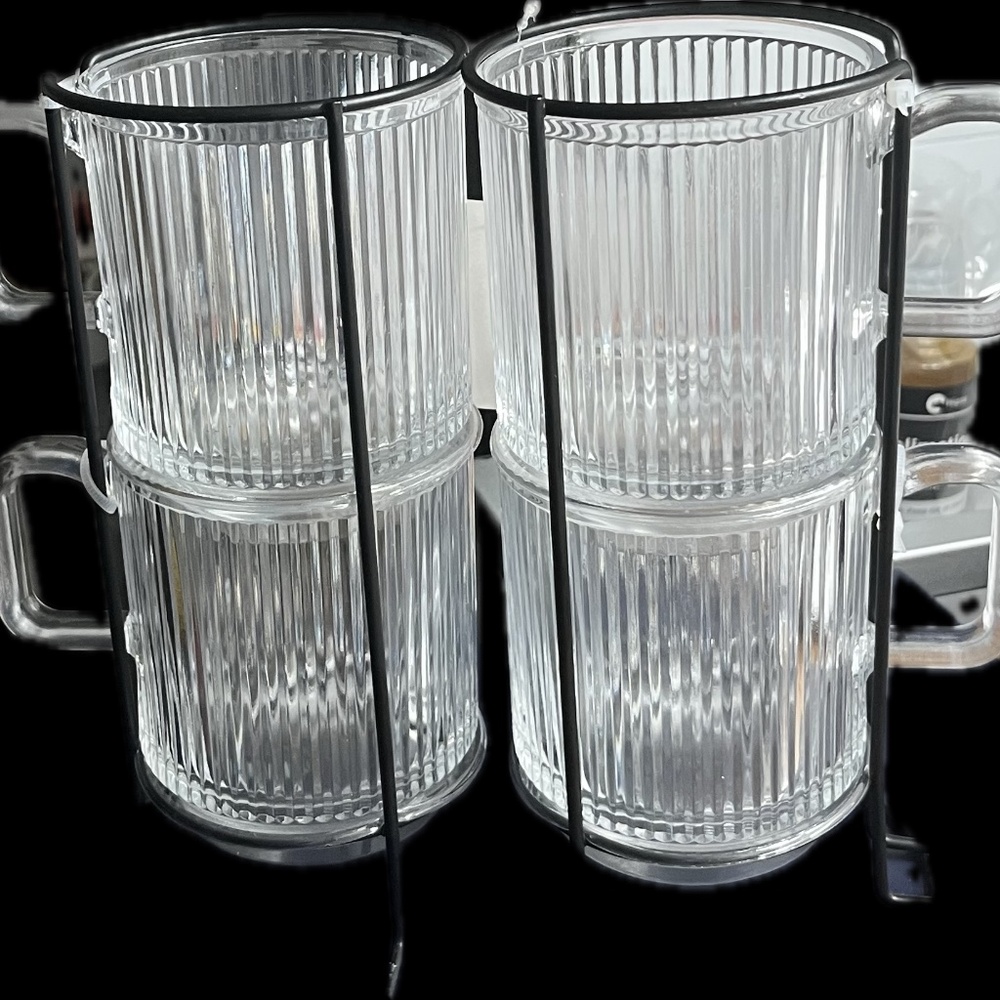 Transparent Ribbed Beverage Mugs, Clear Vintage Glassware Set for Hot Cold Ameri
